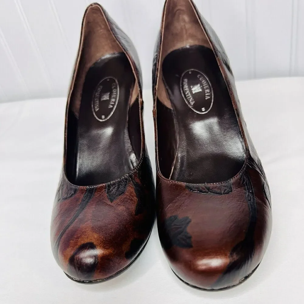 Cuoieria Fiorentina Italy Tuscan Sz 8.5 Heels Chocolate Brown Leather Floral